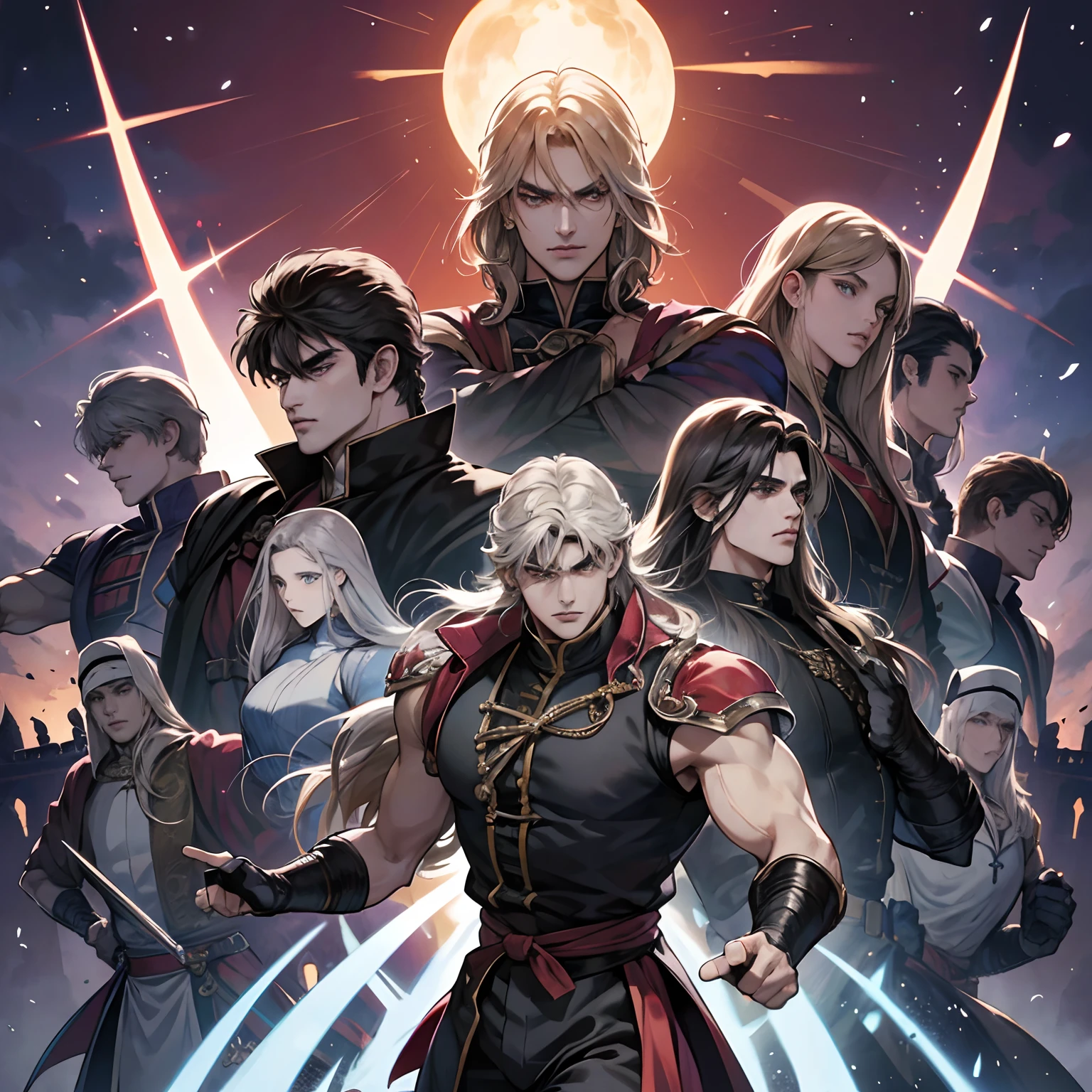Hokuto no ken kenshiro style musclé Islamic Wear Castlevania Shadow Lord beau musclé mais armure Lord Dracula menant des troupes armées de démons à la guerre hyper réaliste super détaillé Dynamic pose super détaillé visages hyper réaliste super détaillé