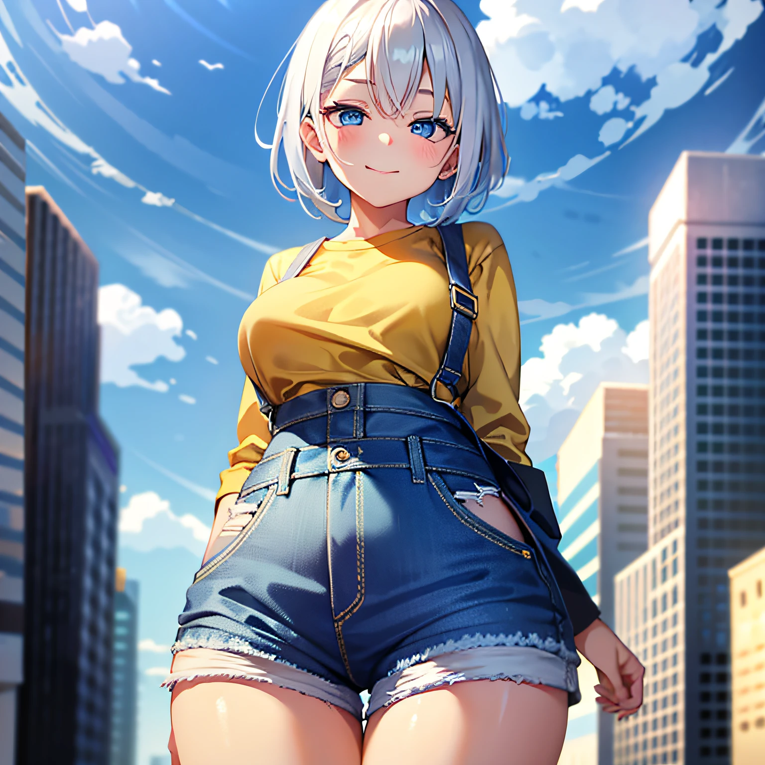 1girl, short white hair, blue eyes, ahegao, wearing plain yellow shirt, denim shorts, city, absurdres, high res, ultrasharp, looking at viewer, happy face, 8K, masterpiece, UHD