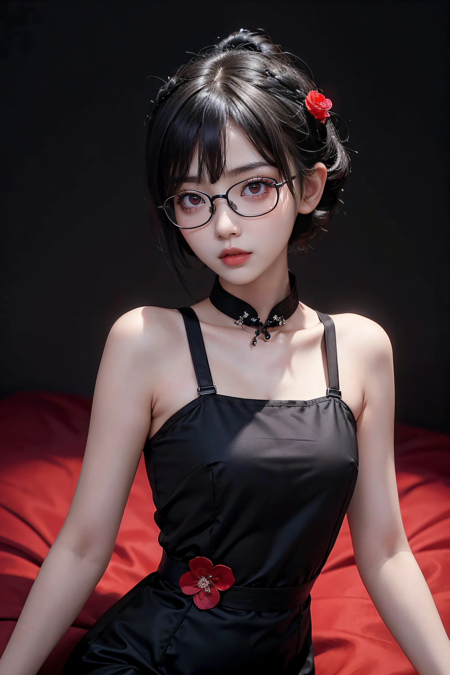 petite girl , qipao , nipple , Red Eyes , Black hair , nsfw , Short Cut , spectacled , portrait of a , Delicate and beautiful eyes , Black background