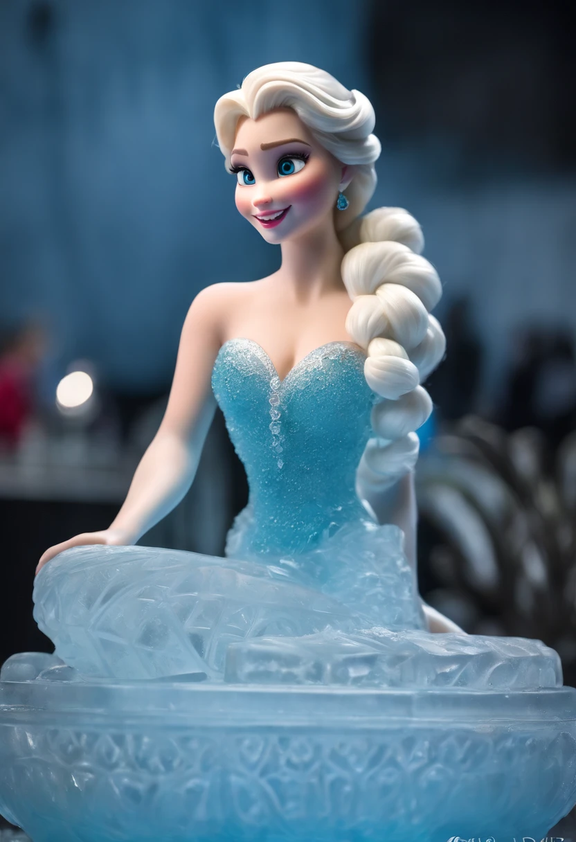 (ice - carving:1.4),Movie Elsa disney, (Cute ice sculpture Elsa. ,Anatomically correct,full bodyesbian,Masterpiece ice sculpture camellia, Representative work ,Smile)
