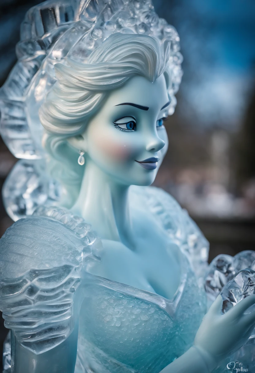 (ice - carving:1.4),Movie Elsa disney, (Cute ice sculpture Elsa. ,Anatomically correct,full bodyesbian,Masterpiece ice sculpture camellia, Representative work ,Smile)