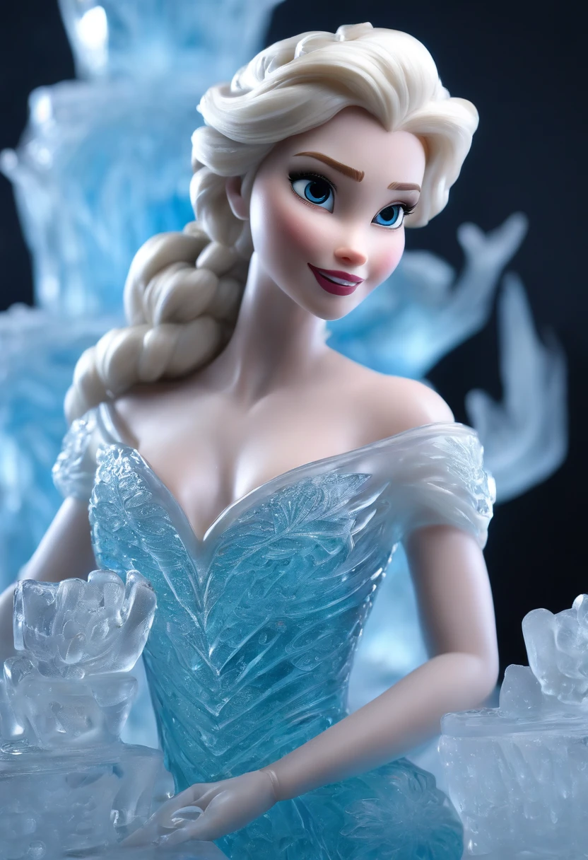 (ice - carving:1.4),Movie Elsa disney, (Cute ice sculpture Elsa. ,Anatomically correct,full bodyesbian,Masterpiece ice sculpture camellia, Representative work ,Smile)