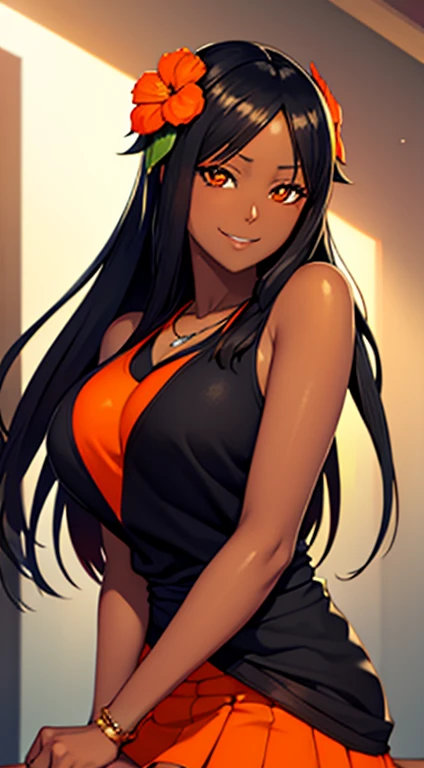(masterpiece), best quality, expressive eyes, perfect face,black ebony skin,half naked, butterfly hair ornament, (naked:1.3), (white apron) ,full body , perfect shaped body,long hair, black hair, orange eyes,big sized , black skin, ultra realistic detailed orange eyes, long and open hair, looking at camera, innocent eyes, innocent face,very cute anime girl face, black skin anime girl, flower necklace on her head, wearing flower bracelets on her hand, thigh legs