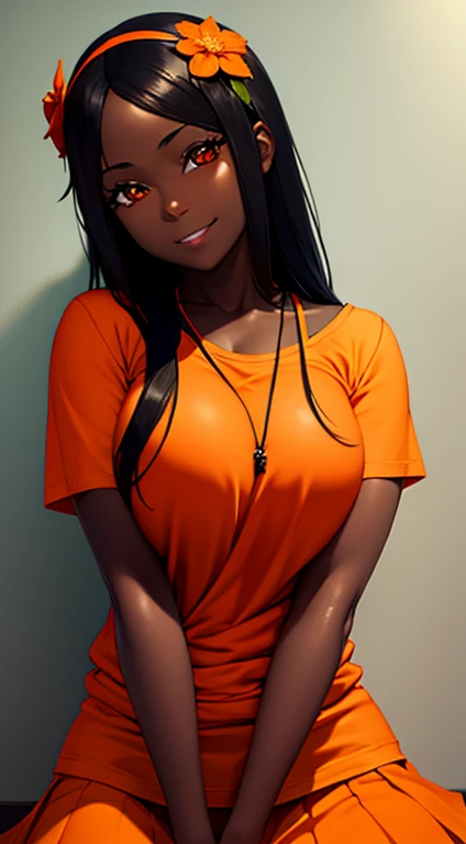 (masterpiece), best quality, expressive eyes, perfect face,black ebony skin, Orange colour tied T shirt, Short skirt, perfect shaped body,long hair, black hair, orange eyes,big sized boobs, black skin, ultra realistic detailed orange eyes, long and open hair,big smile, looking at camera, innocent eyes, innocent face, cute anime girl face, black skin anime girl, bright smile on her face, flower necklace on her head