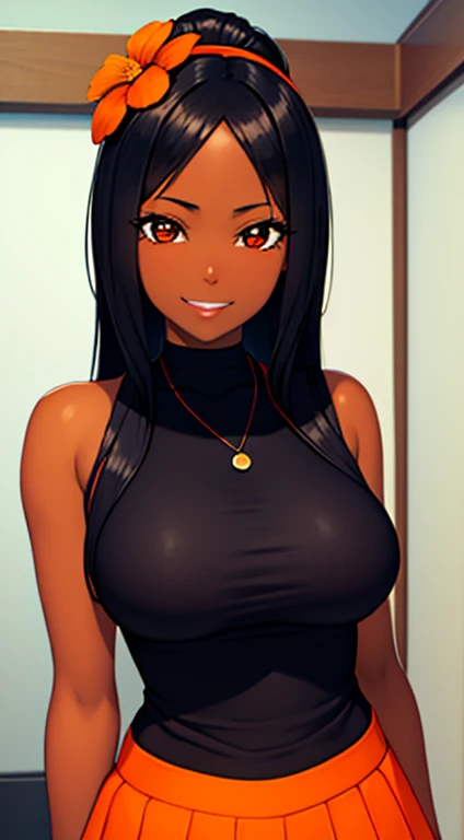 (masterpiece), best quality, expressive eyes, perfect face,black ebony skin, Orange colour tied T shirt, Short skirt, perfect shaped body,long hair, black hair, orange eyes,big sized boobs, black skin, ultra realistic detailed orange eyes, long and open hair,big smile, looking at camera, innocent eyes, innocent face, cute anime girl face, black skin anime girl, bright smile on her face, flower necklace on her head