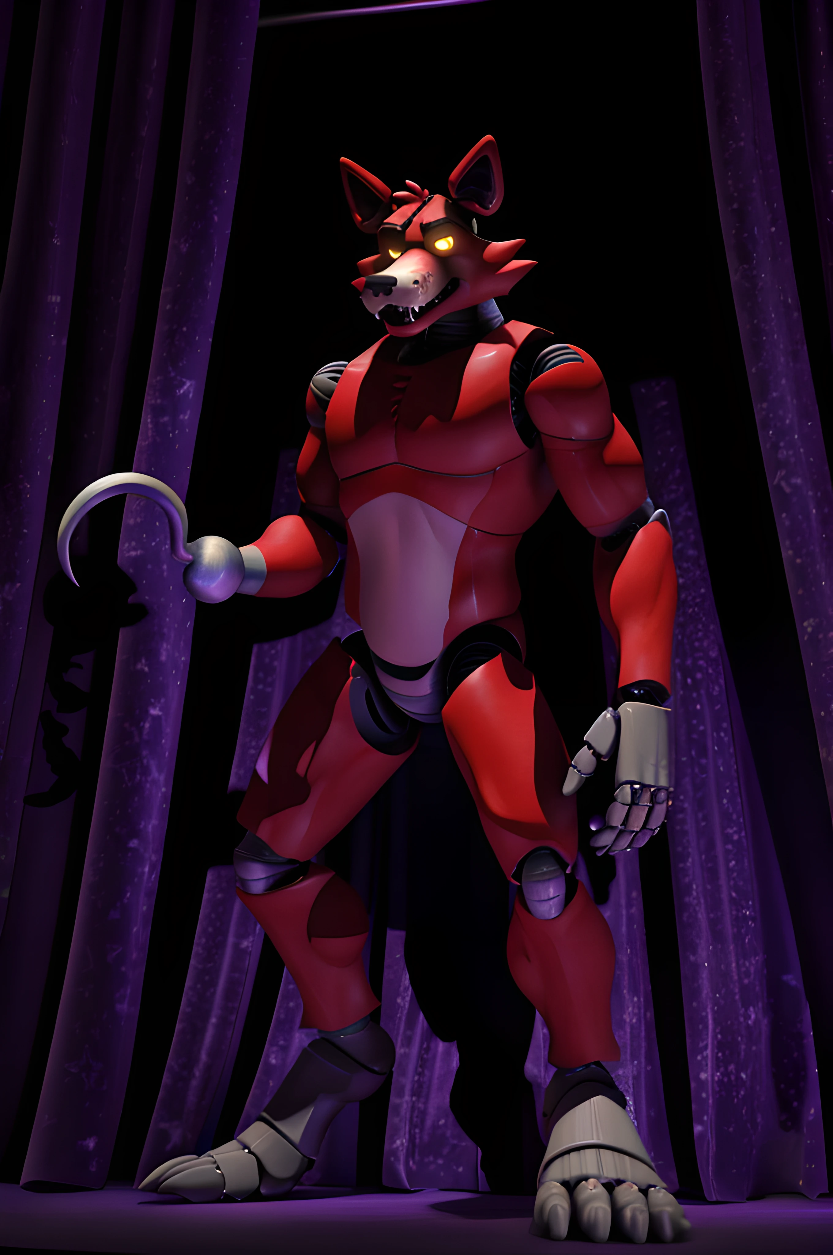 foxy, figma, robotic, robot body, male, masculine, 4k, high resolution, detailed, correct anatomy, (short proportions:1.1), (dark background, purple stage curtain with white star pattern:1.2), (by wfa, by negger:0.5), negger body anatomy, eyepatch, detailed hook hand, robot hand, (standing in shadows, dramatic shading, scary lighting:1.3), teeth, correct lighting, correct shadows, detailed, detailed fur, realistic shading, cgi, 3d render, glowing eye, creepy, scary, robot feet