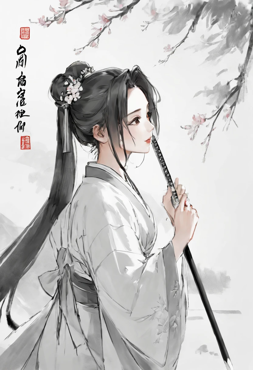 Girl,swordsmen,Ancient wind, Acura, florals, Solo, Hanfu, Flower lines draw the background, white backgrounid, single body, dessin au trait, ((Sketch factory)),(character sketch:1.1),(charcoal drawing:1.2),Sketch,(pencil drawing:1.3),Charcoal painting style,Black and white,character sketch,