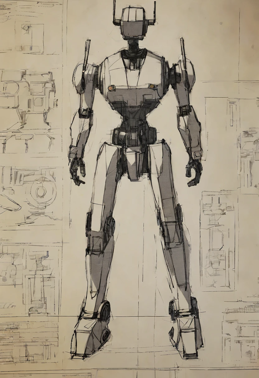 (((No Man))), (Best quality:1.2), (Masterpiece, Intricate details), (User manual, Sketch:1.5), (A photo of the blueprint sketch), (abstracted, Make a sketch of a robot with high technology:1.3), Part description, , (Detailed description and description, text, Production drawings), documentation, Design process, High-tech,