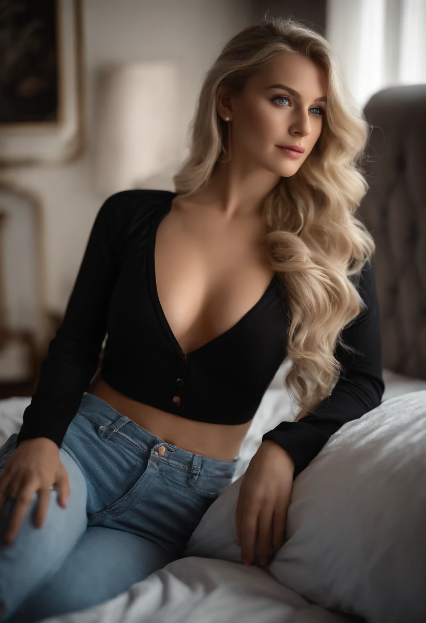 woman fully , 23 years old sexy girl with blue eyes, ultra realistic, meticulously detailed, blonde hair, selfie of a young woman, bedroom , natural makeup, she's naked and wearing black underwear only looking directly at the camera, face with artgram, stunning full body .laying in bed  large size bust; luxury room,