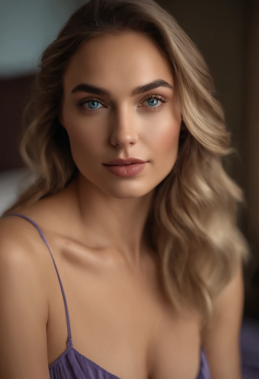 sexy 23 years old girl with blue eyes, ultra realistic, meticulously detailed, portrait gal gadot blonde hair and large eyes, selfie of a young woman, bedroom eyes, violet myers, without makeup, natural makeup, looking directly at the camera, face with artgram, subtle makeup, stunning full body shot kneeling on bed, large hips, very large bust, in bedroom,