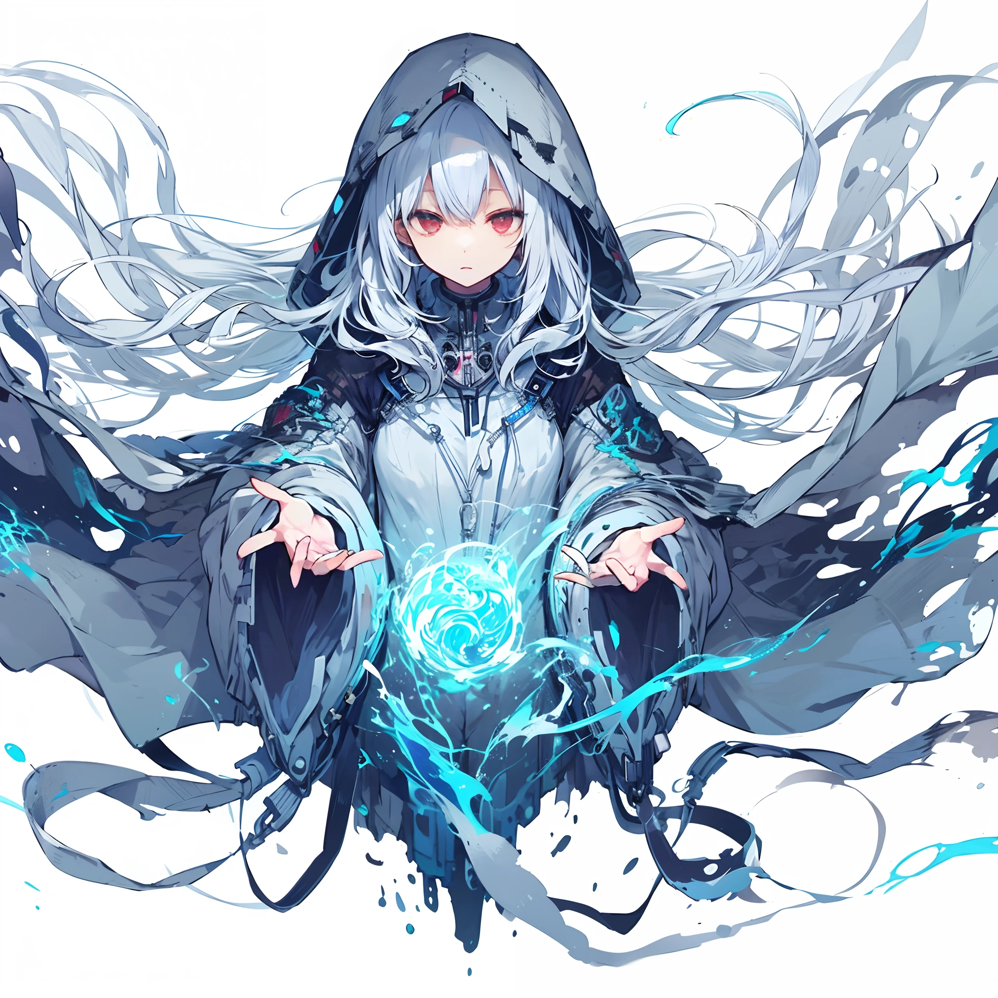 (masutepiece, of the highest quality), (Perfect athlete body: 1.2), (detailed hairs), super detailed, Anime style, Full body, Solo, Cyberpunk Psychic Girl, Full body dressed in tattered robes and hood, Vagabond style, White hair, Red Eyes, Floating in mid-air, small stature, Psychic Aura, White background, Whole body, blue flames, ((Lightning in a woman's hand))