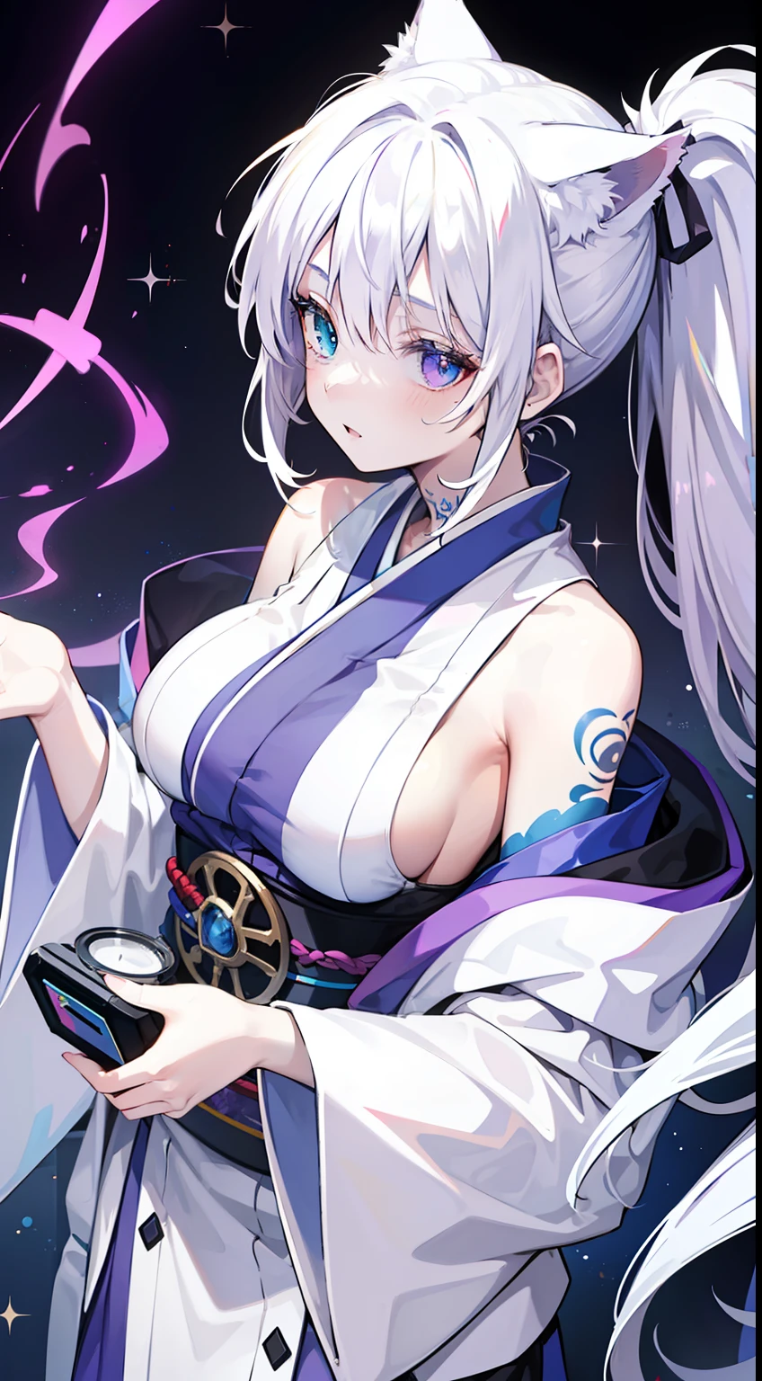 Young Girl, white color hair, Cat's ears, High Ponytail, Heterochromia, Blue and purple eyes, Blue kimono, The tattoo, Sleeveless, Deep chest neckline, opened breast, Open shoulders, masutepiece, hiquality, high detailing, hard disk, 4K