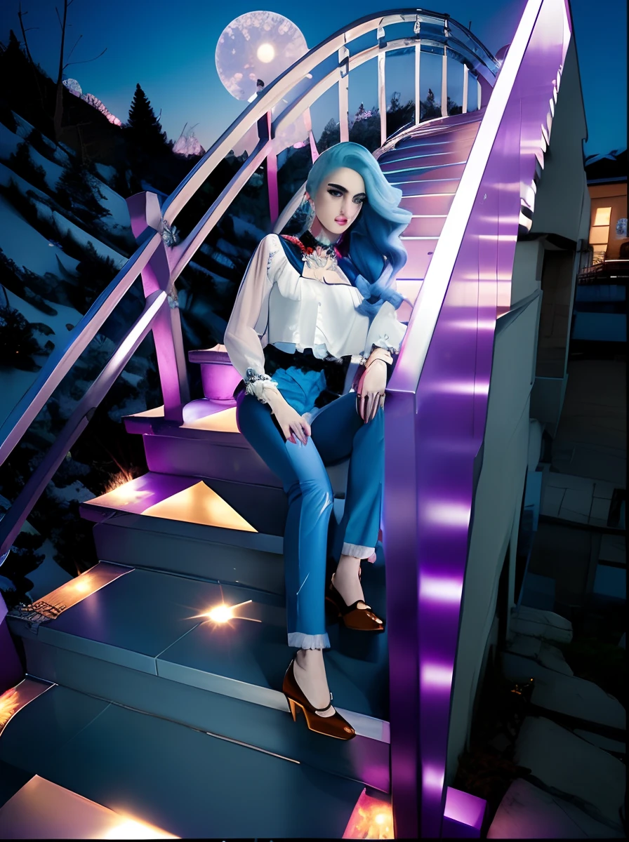 Woman with blue hair sitting on the stairs in front of the building, editorial photograph, editorial photograph, full shot fashion photography, high - end fashion photoshoot, editorial fashion photography, edited in photoshop, inspired by David LaChapelle, fashion editorial photography, portrait color glamour, ava max, 8K Fashion Photography, 4K fashion photography, Beautiful blue-haired girl