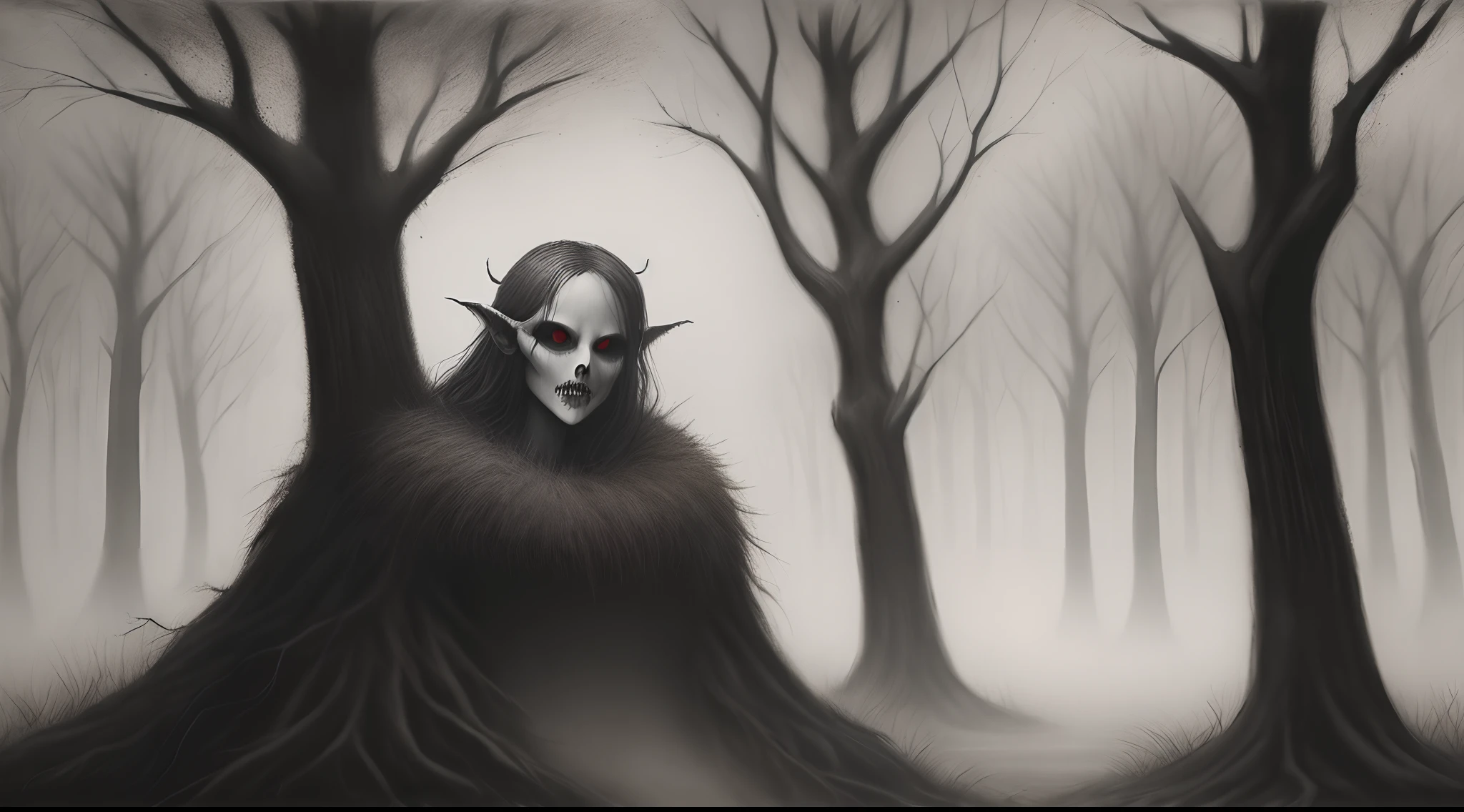 Eerie demon between trees charcoal style