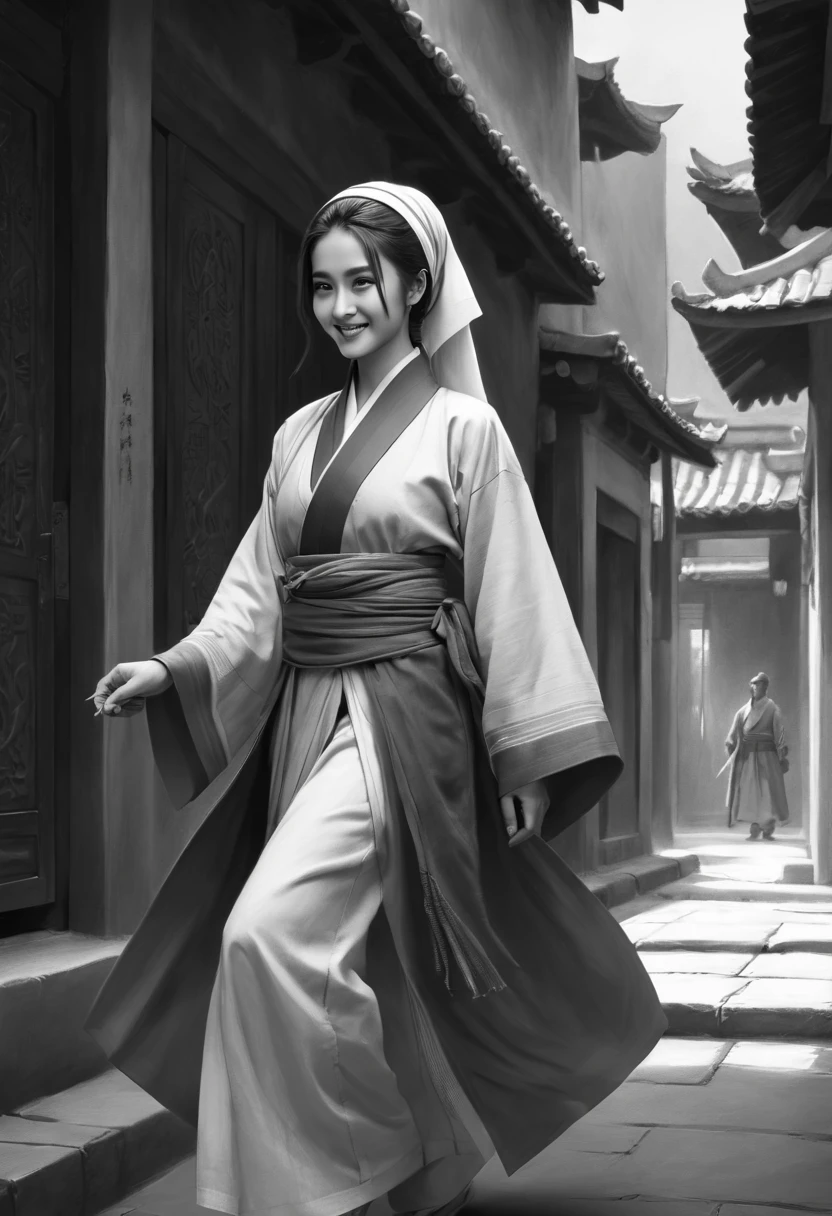 Best Masterpiece，1girll，独奏，unbelievable Ridiculous，Girl，swordsmen，Ancient wind，Hanfu，the street，exteriors，Sateen，neonlight，Light smile，hijabi sluty，hands in a pocket，Look elsewhere，From the side Side，Line drawings，Mono Color，，(character sketch:1.1)，(charcoal drawing:1.2)，Sketch，(pencil drawing:1.3)，Charcoal painting style，Black and white，