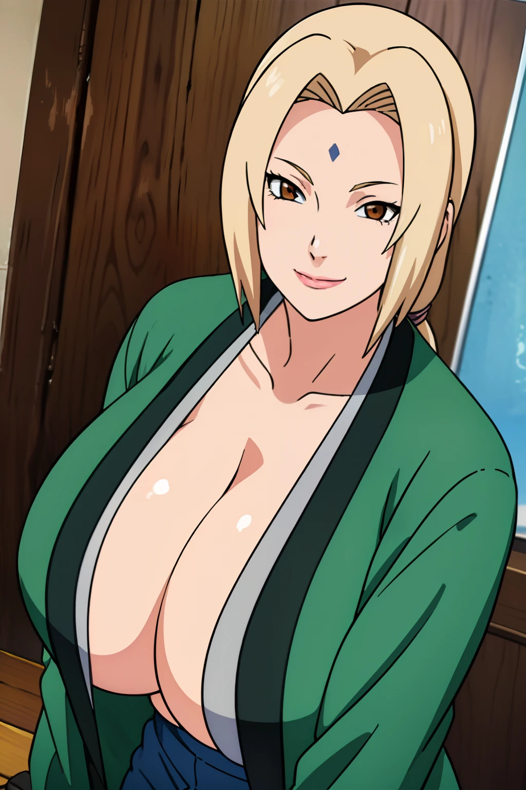 best quality, high resolution, 1girl, (huge breasts:1.2), Tsunade, blonde hair, mature female, blue pants, green coat, chest bandage, smile