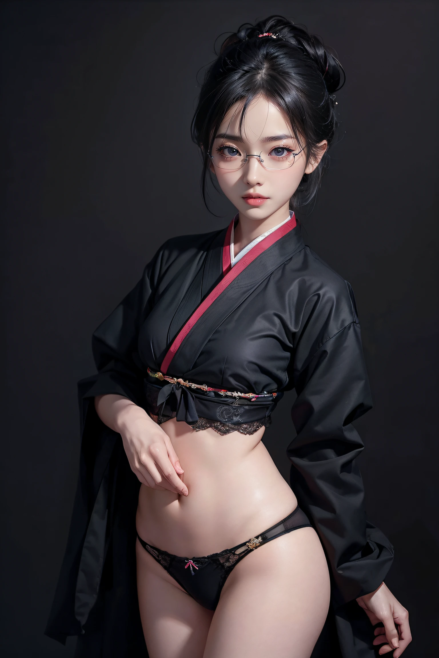 ite girl , hanbok , nipple , Dark black eyes , Black hair , nsfw , spectacled , portrait of a , Delicate and beautiful eyes , Black background , highleg panties , Realistic: , ​masterpiece , Highest quality