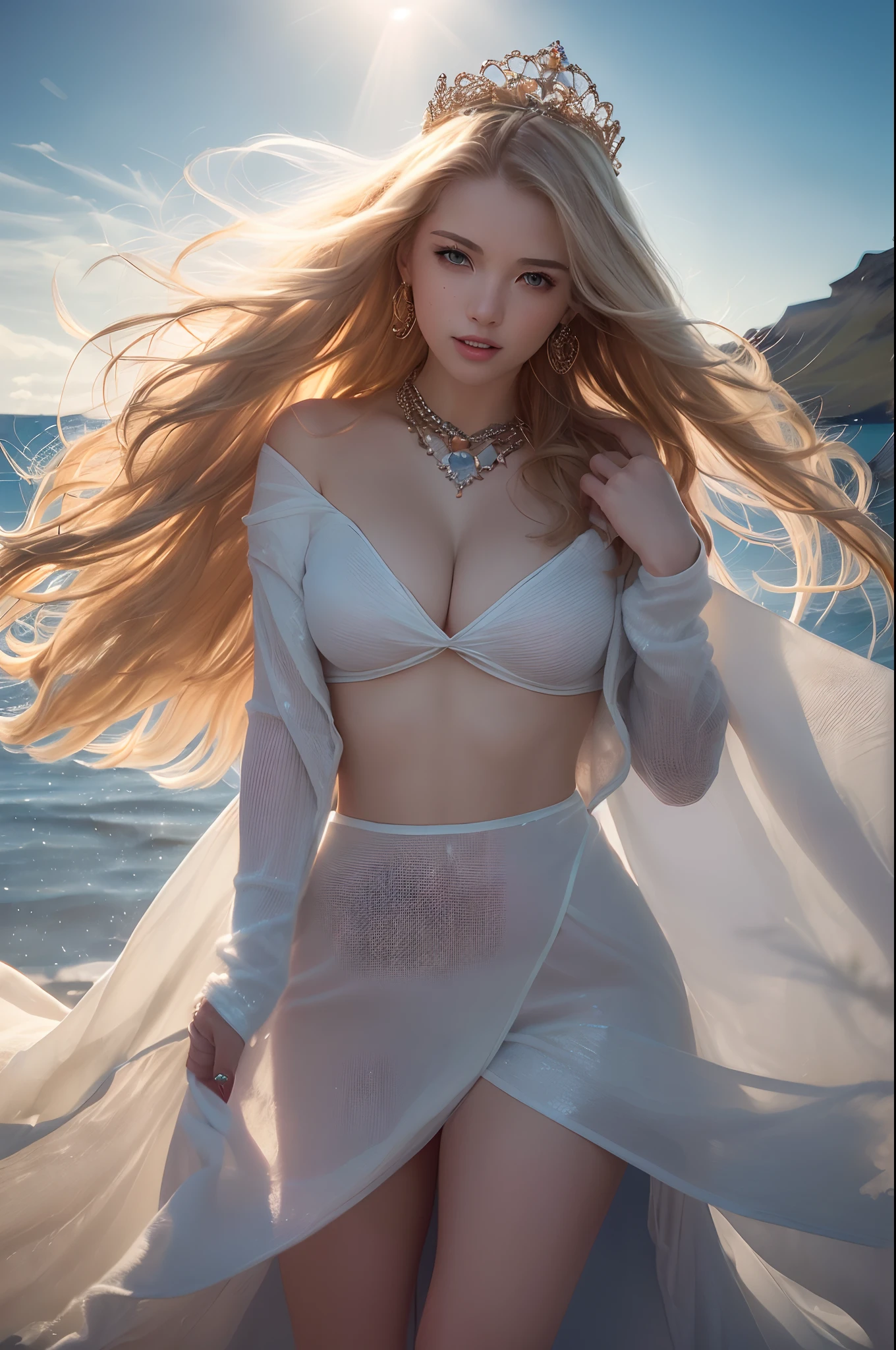 Young goddess, ((Her clothes are all flipping up by extremely strong wind):1.3), (wearing robe, tiara, necklace, blonde hair, blue eyes), (in the Iceland nature), (laughing), (dramatic lighting, surrealism, god rays), (masterpiece, 8K highest resolution), wide view,