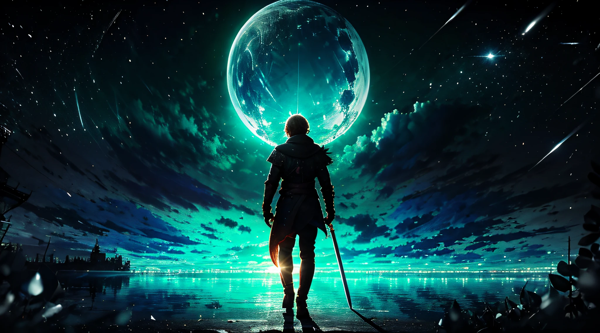 A teenager with a sword in the distance，Walk forward with your back to us，Full of loneliness，It is also full of desolation and hope