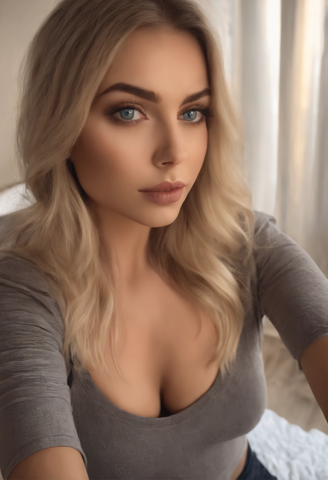 arafed woman fully , 23 years old, sexy girl with blue eyes, ultra realistic, meticulously detailed, portrait sophie mudd, blonde hair and large eyes, selfie of a young woman, bedroom eyes, violet myers, without makeup, natural makeup, looking directly at the camera, face with artgram, subtle makeup, stunning full body shot kneeling on bed, in bedroom, medium to large size bust