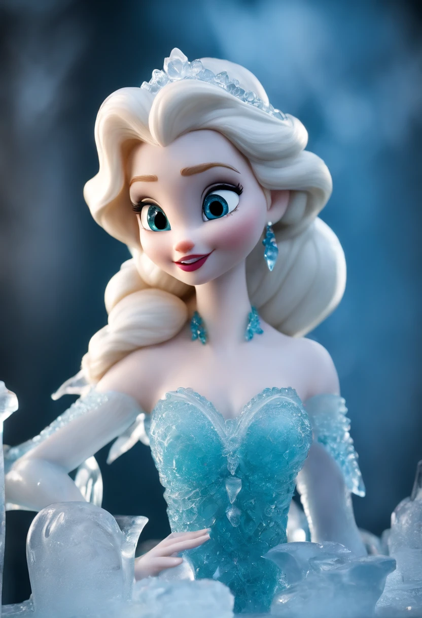 (ice - carving:1.4),Movie Elsa disney, (Cute ice sculpture Elsa. ,Anatomically correct,full bodyesbian,Masterpiece ice sculpture camellia, Representative work ,Smile)