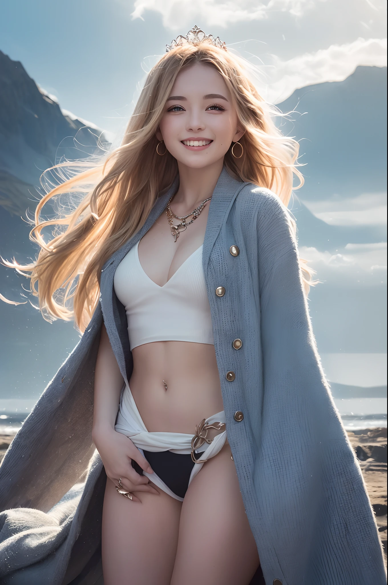 Young goddess, ((Her clothes are all flipping up by extremely strong wind):1.4), (wearing robe, tiara, necklace, blonde hair, blue eyes), (in the Iceland nature), (laughing, big smiling), (dramatic lighting, surrealism, god rays), (masterpiece, 8K highest resolution), wide view,