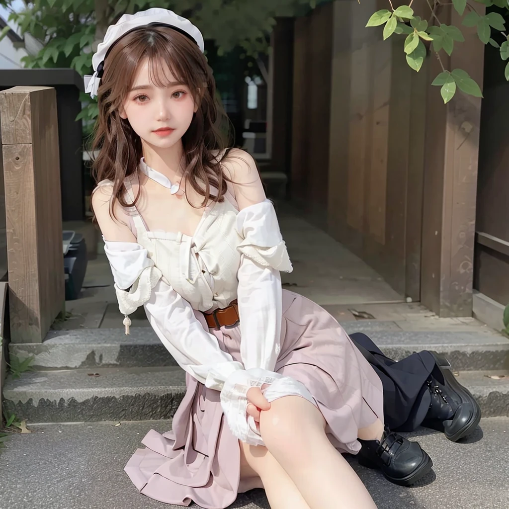 teens girl、sixteen years old、Cosplay、hat, Pink hair, mitts, Bare shoulders, Belt bag, Green eyes,thighband, Detached sleeves, White shirt, monocle, Short hair, Jewelry,bow ribbon, hat feather,, , 1girll, 独奏, Smile, Simple background, (Best Quality), ((masutepiece)), (hight resolution), Original, Very detailed wallpaper,shiny, chromatic aberration abuse, Detailed background, vivd colour, (Highly detailed face and hair,As well as the skin and eyes,Fingers and cloth、Background and hair:1.2),beautiful legs,Put on your boots,Correct limbs,full body Esbian,sitted,ssmile,Be red in the face,outside of house,during daytime,simple backgound,blue-sky,short detailed hair,temple,looking at viewert,sit on stairs