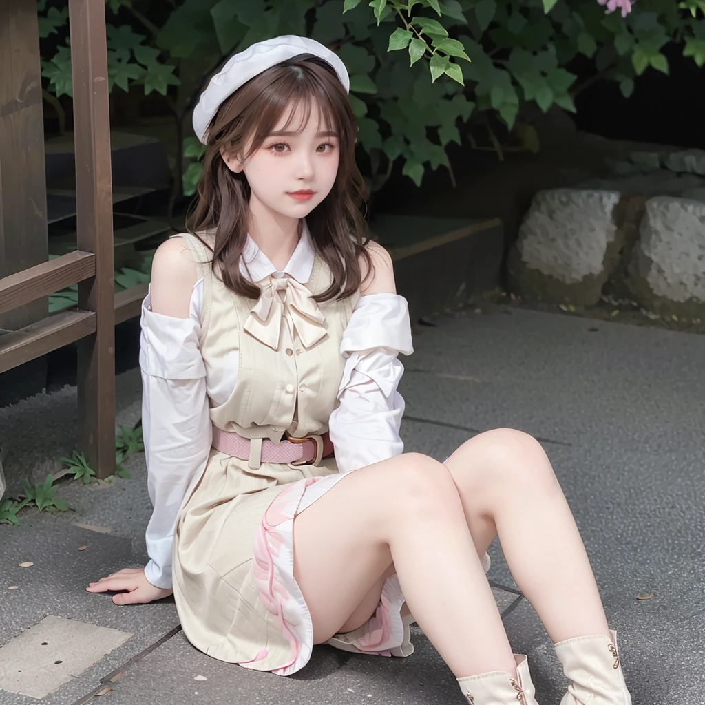 teens girl、、Cosplay、hat, Pink hair, mitts, Bare shoulders, Belt bag, Green eyes,thighband, Detached sleeves, White shirt, monocle, Short hair, Jewelry,bow ribbon, hat feather,, , 1girll, 独奏, Smile, Simple background, (Best Quality), ((masutepiece)), (hight resolution), Original, Very detailed wallpaper,shiny, chromatic aberration abuse, Detailed background, vivd colour, (Highly detailed face and hair,As well as the skin and eyes,Fingers and cloth、Background and hair:1.2),beautiful legs,Put on your boots,Correct limbs,full body Esbian,sitted,ssmile,Be red in the face,outside of house,during daytime,simple backgound,blue-sky,short detailed hair,temple,looking at viewert,sit on stairs
