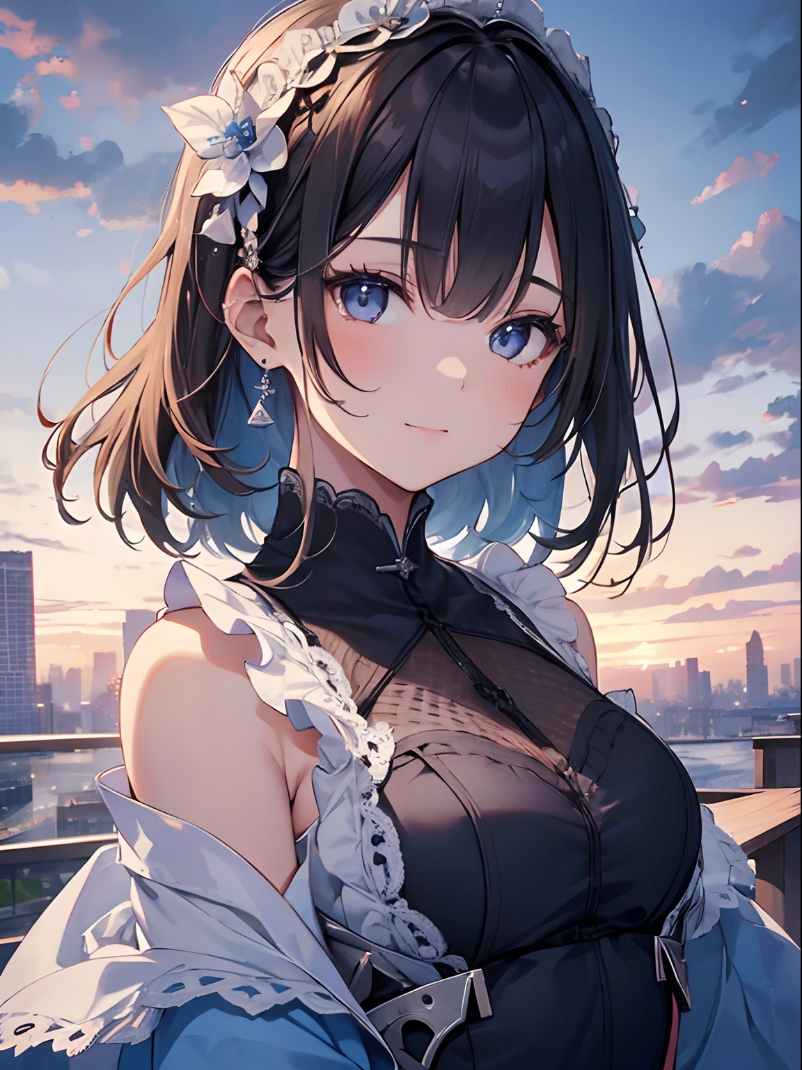 highest quality、masterpiece、Spectacular views、night、One Girl、Sitting、far and near method