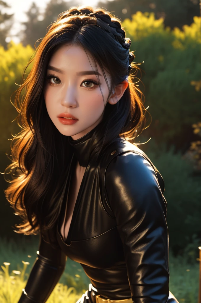 (masterpiece: 1.2), (best quality: 1.2), (highly detailed: 1.3), (intricate detail), highres, best illustration, perfect lighting, forest, warm colors, sunlight, sunrays in forest, warrior monsters, wind breeze, full body, full body shot, perfect face details, detailed eyes, detailed background, realistic photo, (sharp focus: 1.2), ((looking at camera: 1.2)), solo, 1 girl, ninja woman,  black hair ninja, perfect human anatomy, perfect legs, perfect arms, perfect face, ((realistic hands: 1.3)) long platinum hair, crown braid in hair, female clothing, sexy ninja outfit, little armor, long leather pencil dress, feel garter, black gloves with gold accents, ninja swords, flashy neckline, seductive appearance, sexy body lines, human hands, attractive female body, (stylish and sexy ninja uniform: 1.2), female boot, hard , woman with closed mouth, green iris, looking at viewer, perfect lighting, epic realism
