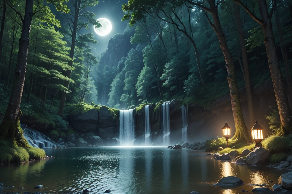 Ultra realistic 8k picture,green forest, bright beautiful night,full moon ,waterfall,