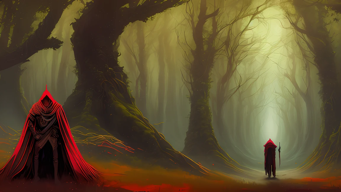 A man with a hood is standing in the forest, anime lush john 8k woods, Fantasy RPG Symmetrical Portrait, 4k fantasy art, 4k detailed digital art, 8k fantasy art, symmetrical epic fantasy art, concept art wallpaper 4k, dark fantasy style art, Dark Fantasy Illustration, Beksinski and Dan Mumford