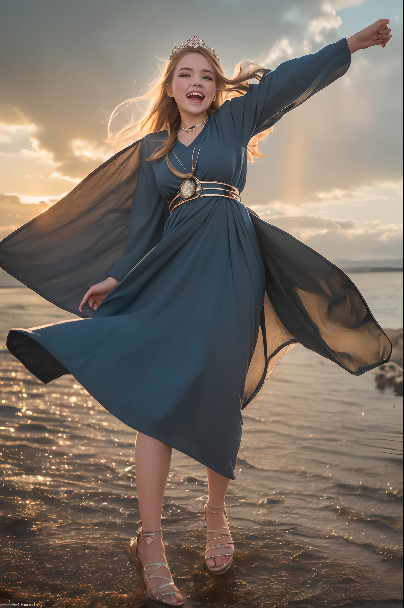 Young goddess, ((Her clothes are all flipping up by extremely strong wind):1.4), (wearing robe, tiara, necklace, blonde hair, blue eyes), (in the Iceland nature), (laughing, big smiling), (dramatic lighting, surrealism, god rays), (masterpiece, 8K highest resolution), wide view,