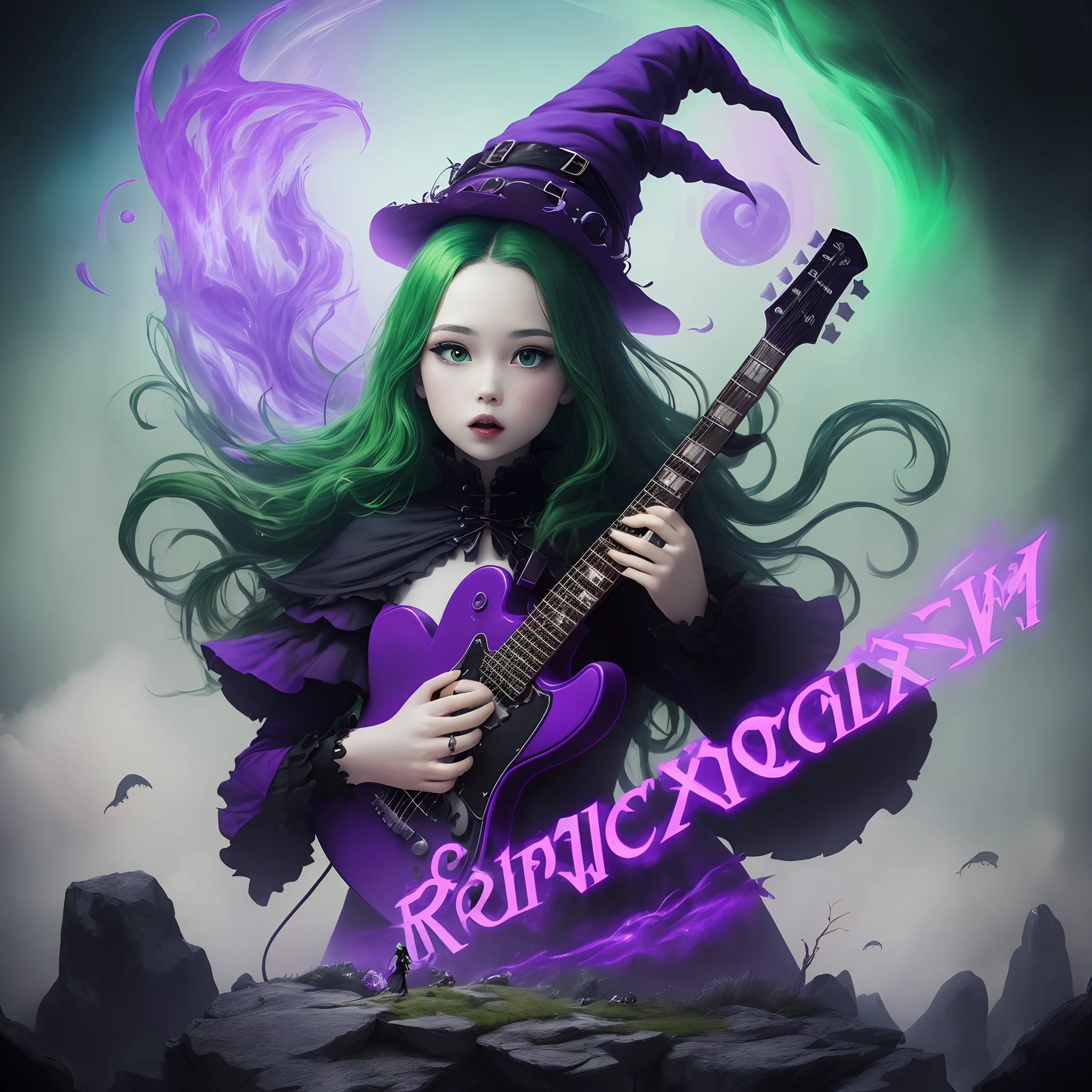 Rock music album cover about a witch flying away worm listener in green black and purple colors. Name of the album Hexecore