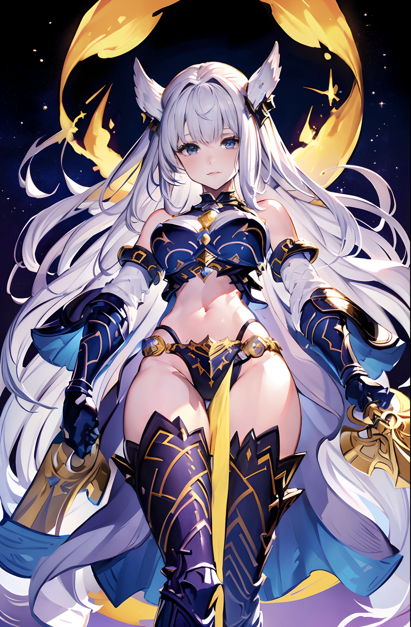 Seraphina Stormblade is a vision of ethereal beauty and strength. Standing at 6 feet tall, her athletic and well-toned physique speaks volumes about her rigorous training and warrior lifestyle. Her flowing silver hair cascades down her back in radiant waves, catching the light with an otherworldly shimmer.

The centerpiece of her attire is the enchanted armored bikini, a masterpiece crafted from the shimmering scales of the legendary Moonfire Dragon. The bikini consists of a intricately designed breastplate that covers the vital areas while leaving her midriff exposed. The enchanted metal is both lightweight and durable, offering maximum protection without hindering her movements.

The breastplate is adorned with celestial motifs that seem to glow softly, reflecting the magical properties infused within the armor. Runes are meticulously etched into the metal, pulsating with a subtle energy. The armor seems to change hues, shifting between silver, deep blue, and violet, mirroring the phases of the moon.

A delicate chainmail skirt, made from fine interwoven links of the Moonfire Dragon's scales, hangs from the waist, providing additional protection to her lower body without compromising her agility. Intricate patterns of crescent moons and stars adorn the chainmail, further enhancing the celestial theme.

Her gauntlets and boots are crafted from the same enchanted material, completing the set. The armored bikini is not just a piece of clothing; it's a conduit for her magical abilities, amplifying her connection to the cosmic forces she channels in battle.

Despite the seemingly revealing nature of her attire, there is an undeniable aura of power and grace that surrounds Seraphina Stormblade. Her regal bearing and the radiant glow of her enchanted armor command respect on the battlefield, making her a formidable and unforgettable presence in the world of Eldoria.
