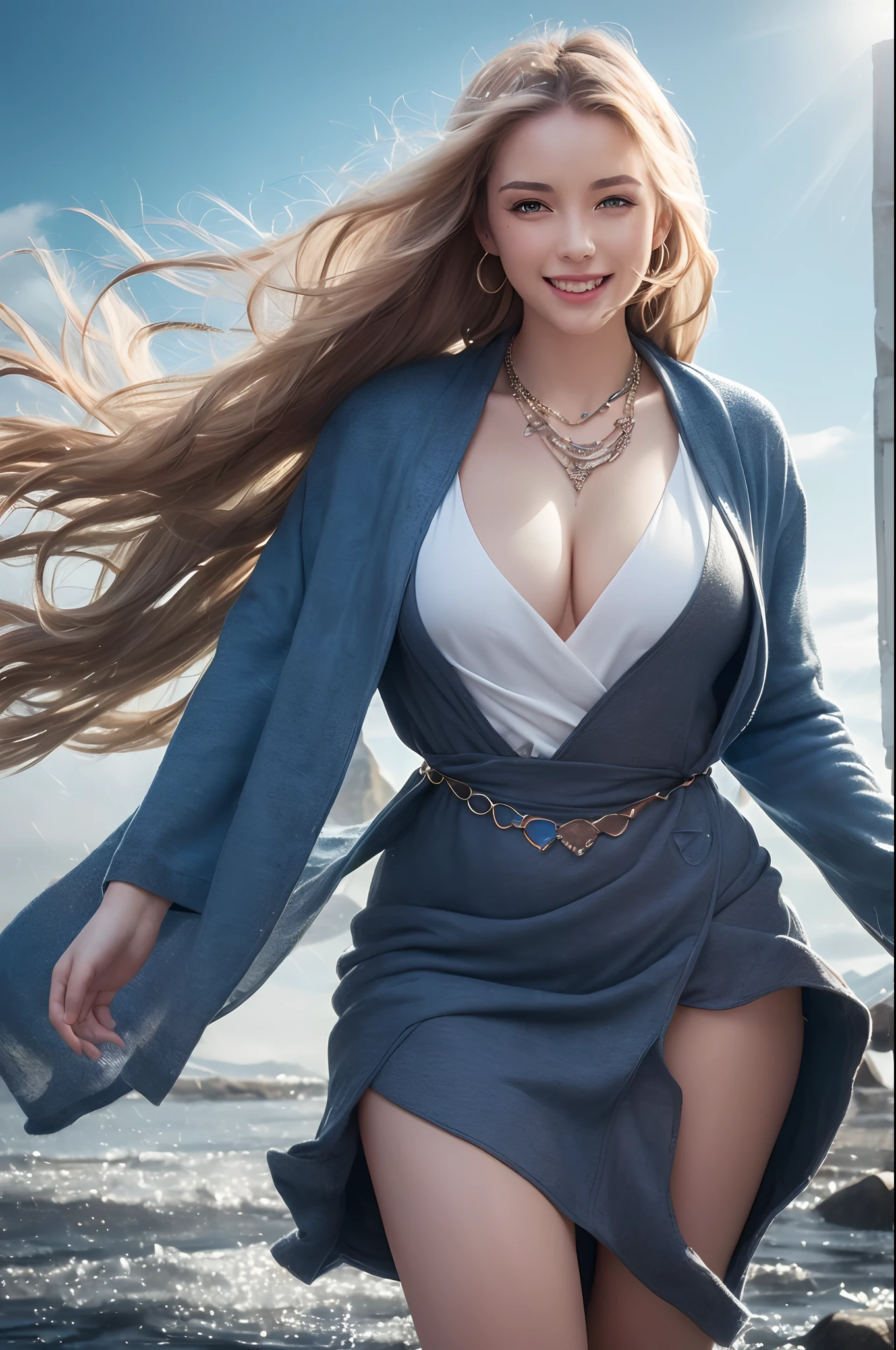 Young goddess, ((Her clothes are all flipping up by extremely strong wind):1.4), (wearing robe, tiara, necklace, blonde hair, blue eyes), (in the Iceland nature), (laughing, big smiling), (dramatic lighting, surrealism, god rays), (masterpiece, 8K highest resolution), wide view,