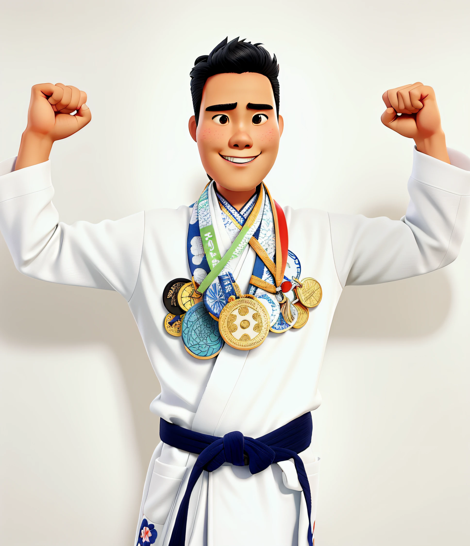 Japanese man, kimono branco e faixa preta, Sports medals hanging around the neck, igual aos filmes Disney Pixar