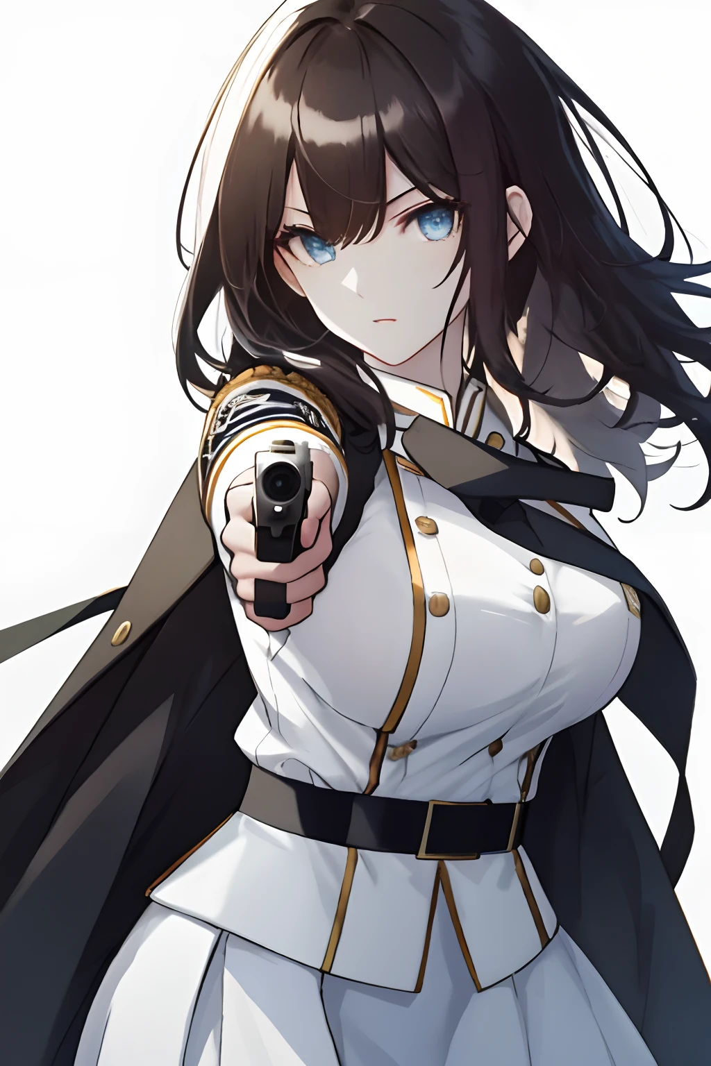 aiming at viewer, Holding a pistol, Handgun, (Shoulder holster), White one-piece military uniform, (masutepiece:1.2, Best Quality), (finely detailed beautiful eye: 1.2), (beautifull detailed face), High contrast, (Best Illumination, extremely delicate and beautiful), ((Cinematic Light)), Dramatic light, Intricate details,Very blue eyes, Shining eyes, very Bigger breasts、Belt under the chest、White military uniform, White skirt, Long hair fluttering in the wind, Black tie, Serious look, (Pale white background:1.5), accurate hands, Black hair, pistols