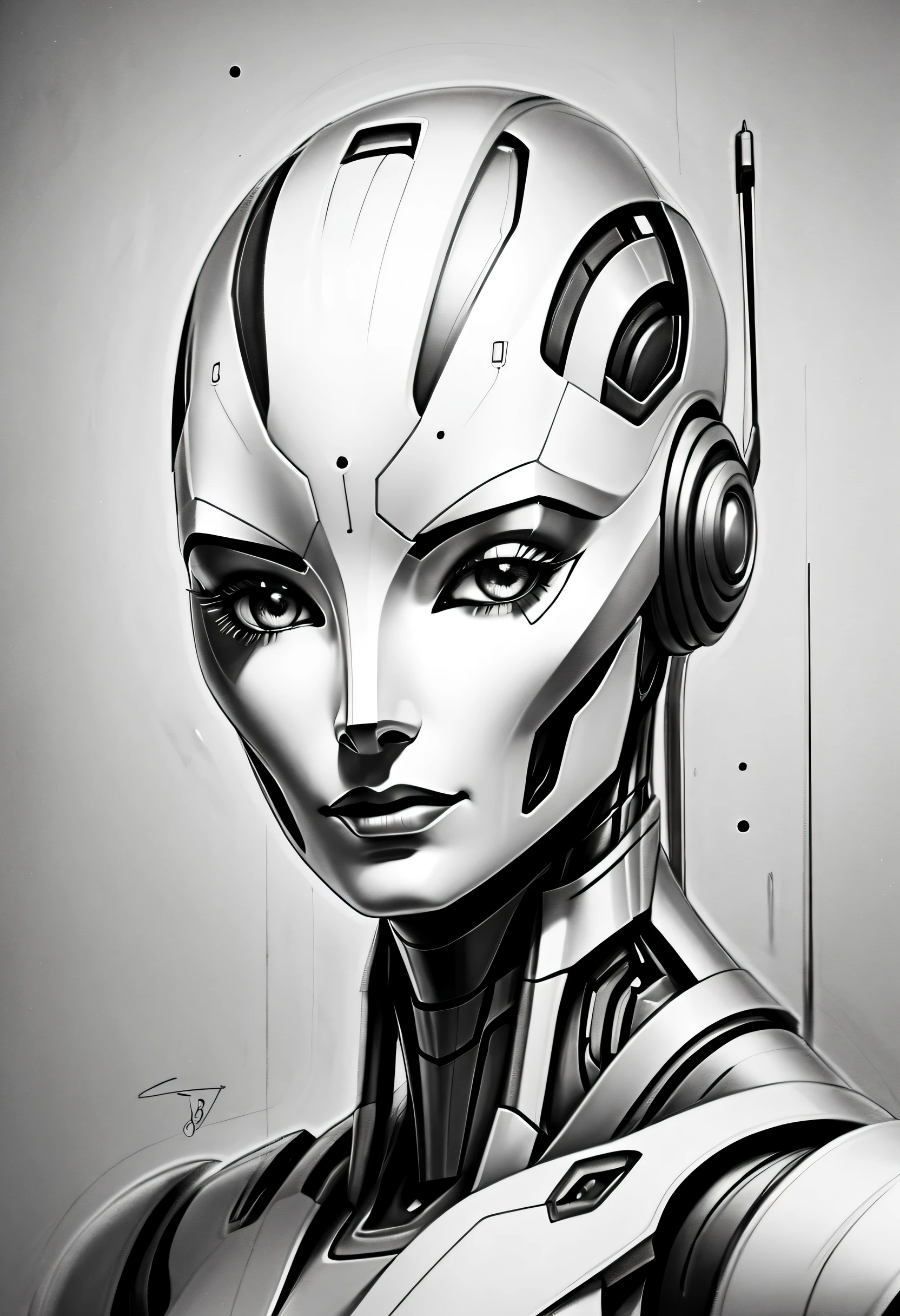 ，(character sketch:1.1)，(charcoal drawing:1.2)，Sketch，(pencil drawing:1.3)，Charcoal painting style，Black and white，character sketch, high resolution, 1womanl, Solo, (Detailed face), kda，bioluminic, Black and white galactic cybernetic mask, (abstracted, Make a sketch of a robot with high technology:1.5), Part description, SH4G0D,