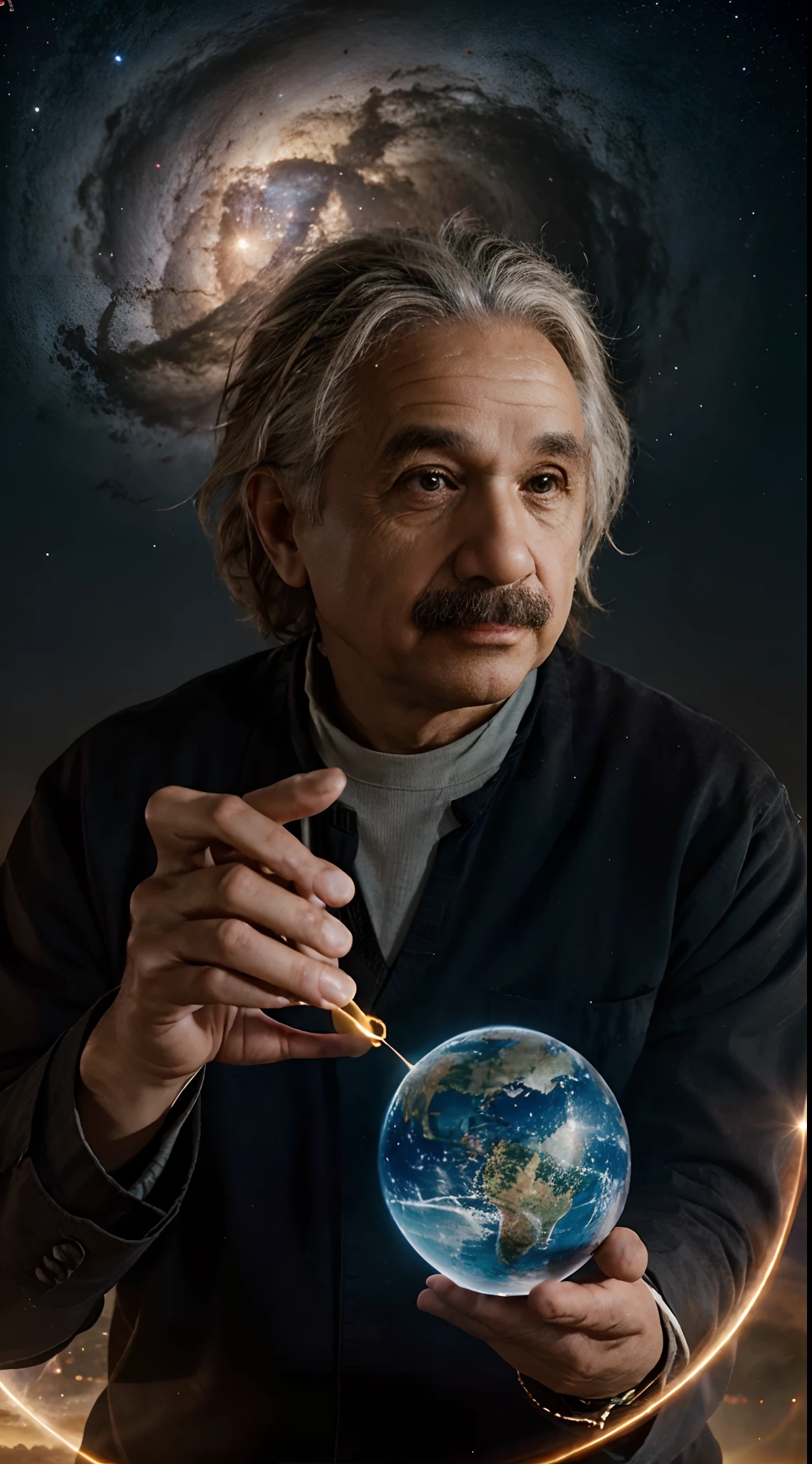 Visualize Albert Einstein unveiling the equation E=mc² in a celestial setting, with cosmic elements intertwining to represent the profound connection between energy and mass.