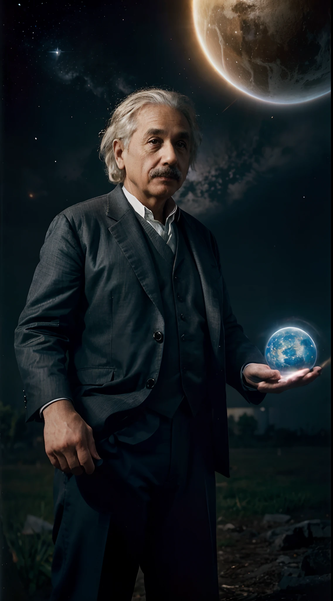 Visualize Albert Einstein unveiling the equation E=mc² in a celestial setting, with cosmic elements intertwining to represent the profound connection between energy and mass.