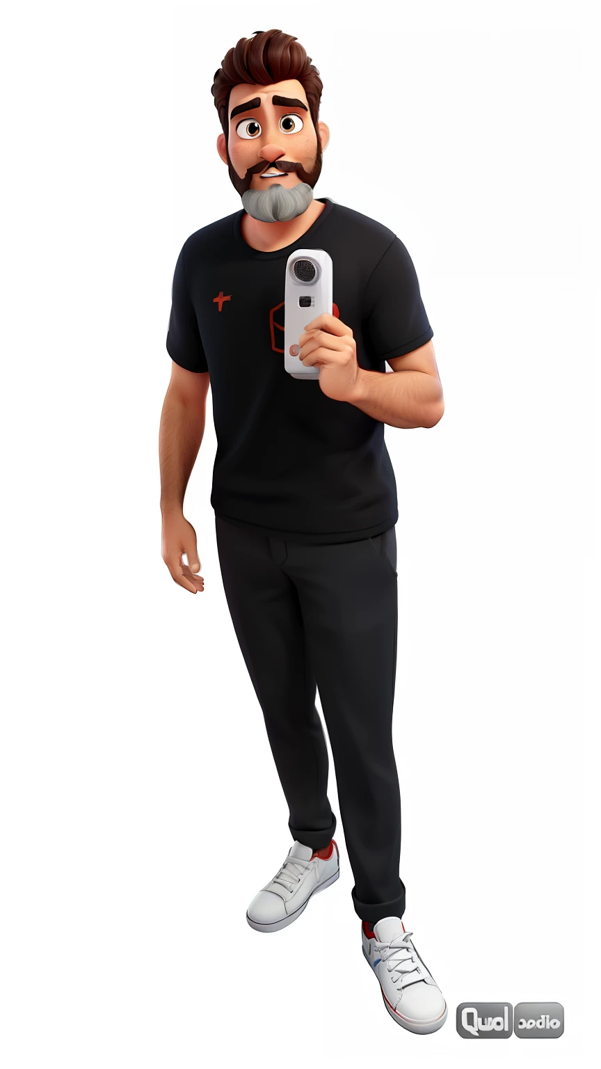 Pode melhorar barba mais rala com uns fios brancos, Make the full body appearing white red shoes. Man stands on black background on a speaker-like stage with microphone in one hand and book in the other in Disney pixar style best quality, maior qualidade.