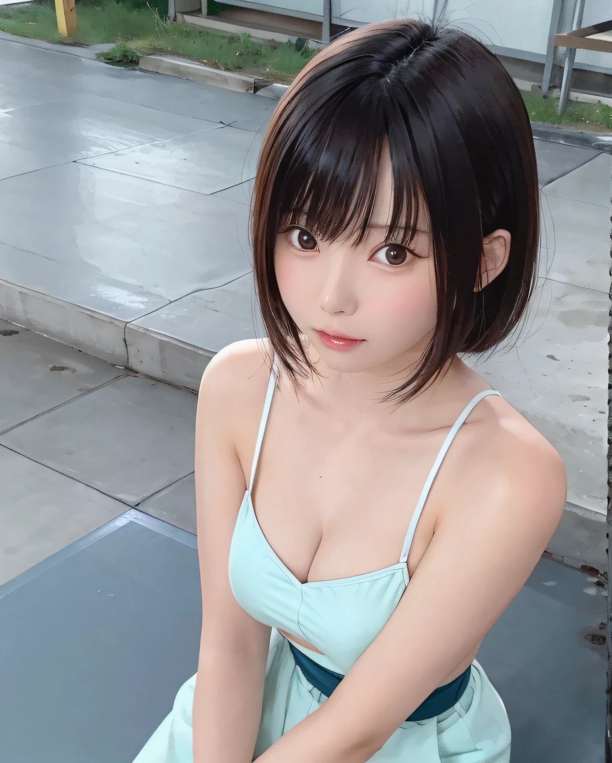 top-quality、超A high resolution、(Photorealsitic:1.4)、1人、、small tits、、、A Japanese Lady、Looking at the camera、No exposure、Concrete background、Facing the front、Pose with your hands around your face、is standing、a blond、Woman in her late teeight bangs、