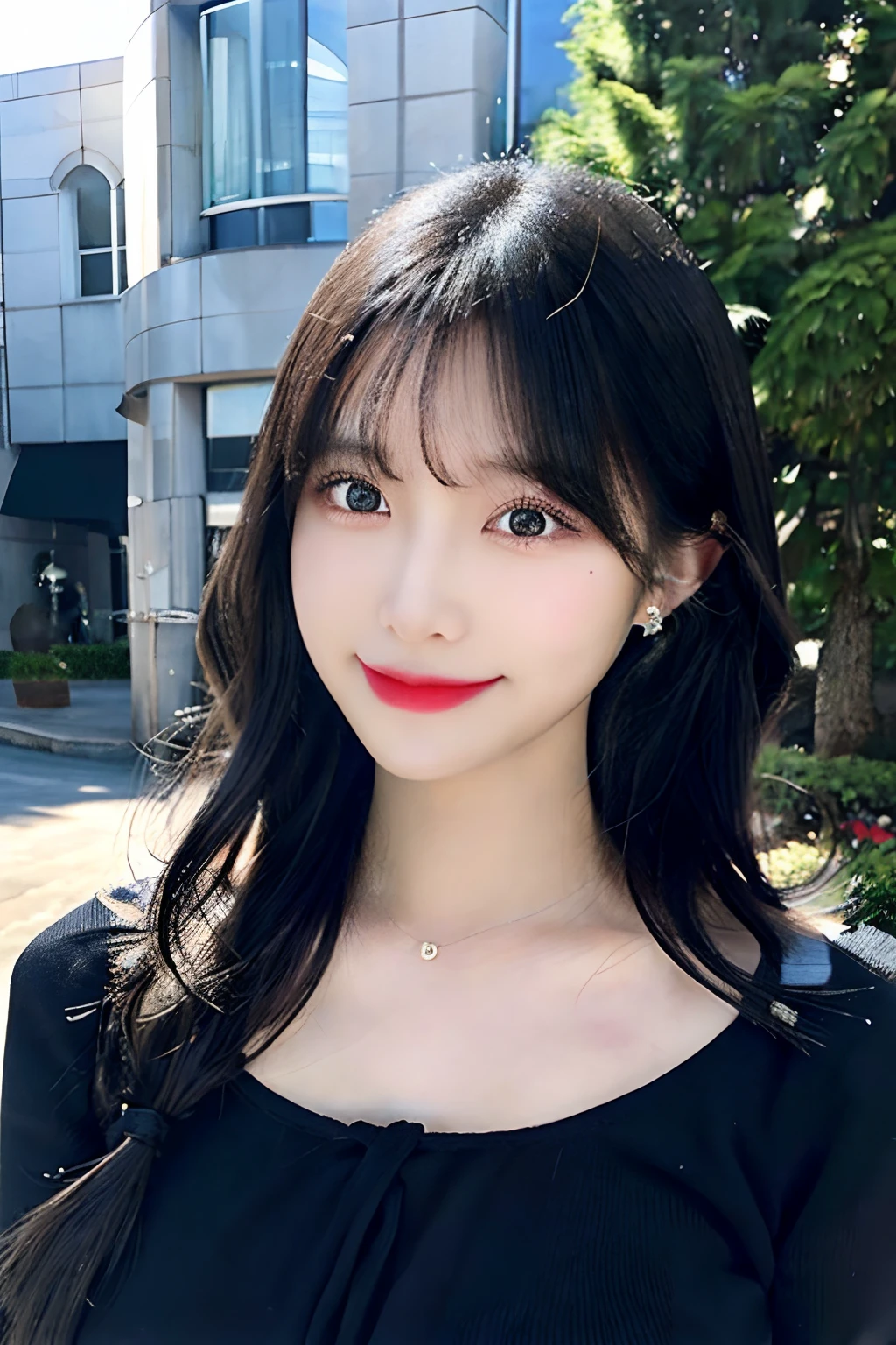 Black hair, hair bobbles, longeyelashes, Solid Circle Eyes, lightsmile, Mole under the eyes, Heart Earrings, lightsmile, Shy, puckered lips, surrealism, drop shadow, stereograms, POV, Atmospheric perspective, depth of fields, One-person viewpoint, F/1.8, 8K, Super Detail, ccurate, Best Quality, hight resolution, Best Quality,Full body