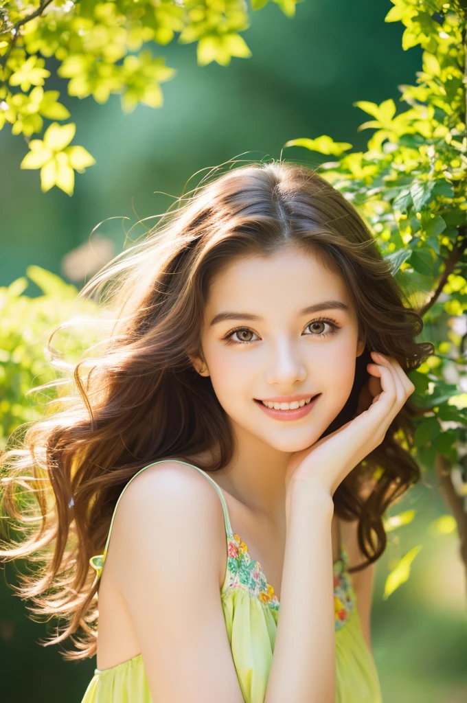 best quality,4k,8k,highres,masterpiece:1.2,vivid colors,portraits,A girl in a garden,beautiful detailed eyes,beautiful detailed lips,extremely detailed eyes and face,long eyelashes,soft and flowing hair,natural and glowing skin,lovely smile,fluttering summer dress,freshly bloomed flowers,green grass and trees,warm sunlight,playful pose,serene atmosphere,soft color palette,subtle lighting effects