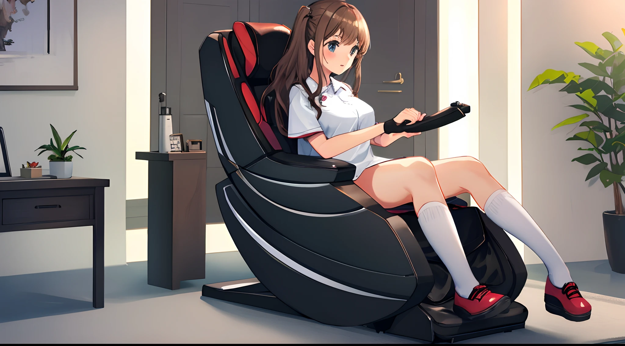 A girl masturbates in her room with an electronic massager in her pussy