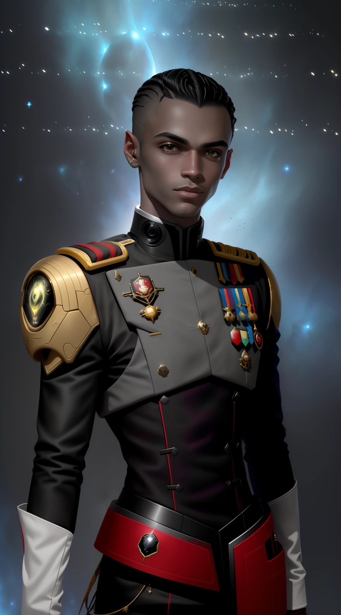 (inspirado em Keides of Vagros do videogame Stellaris), ((roupas vermelhas)), ((masculino)), (shape masculino), rosto negroide, (Admiral Tech Costume Remarkable), (traje de almirante com medalhas), roupas de almirante com panos futurista, A closeup of a young alien holding a screen, rosto delicado, usando roupa de almirante futurista, almirante, rosto perfeito, Blue alien, roupas futuristas vermelhas, Keides head shape, Um retrato de um alien masculino, ((Alien markings on the head)), traje comandante espacial, Keides com Big Alien Head, Retrato de um jovem general com medalhas, Arte Fosca, Skinny Masculino Fantasia Alquimista, roupas vemelhas, pele fosca, rosto azul