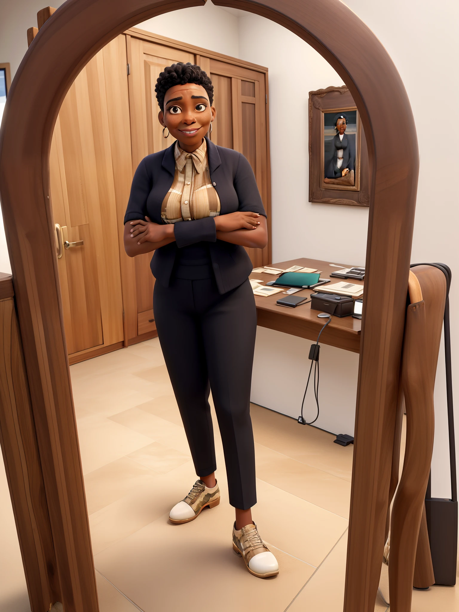 masterpiece, best quality ,Portrait of mid adult successful black mature woman looking at camera with arms crossed. Smiling african american business woman standing in new office .Portrait of mature woman.