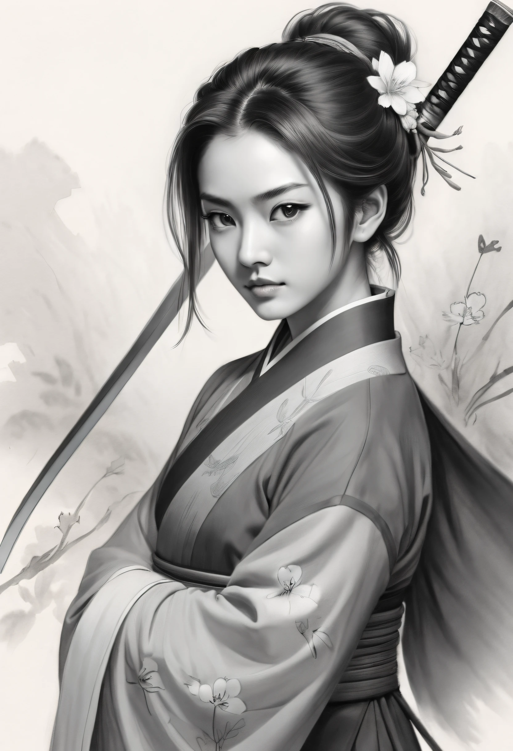Girl,swordsmen,Ancient wind, Acura, florals, Solo, Hanfu, Flower lines draw the background, white backgrounid, single body, dessin au trait, ((Sketch factory)),(character sketch:1.1),(charcoal drawing:1.2),Sketch,(pencil drawing:1.3),Charcoal painting style,Black and white,character sketch,