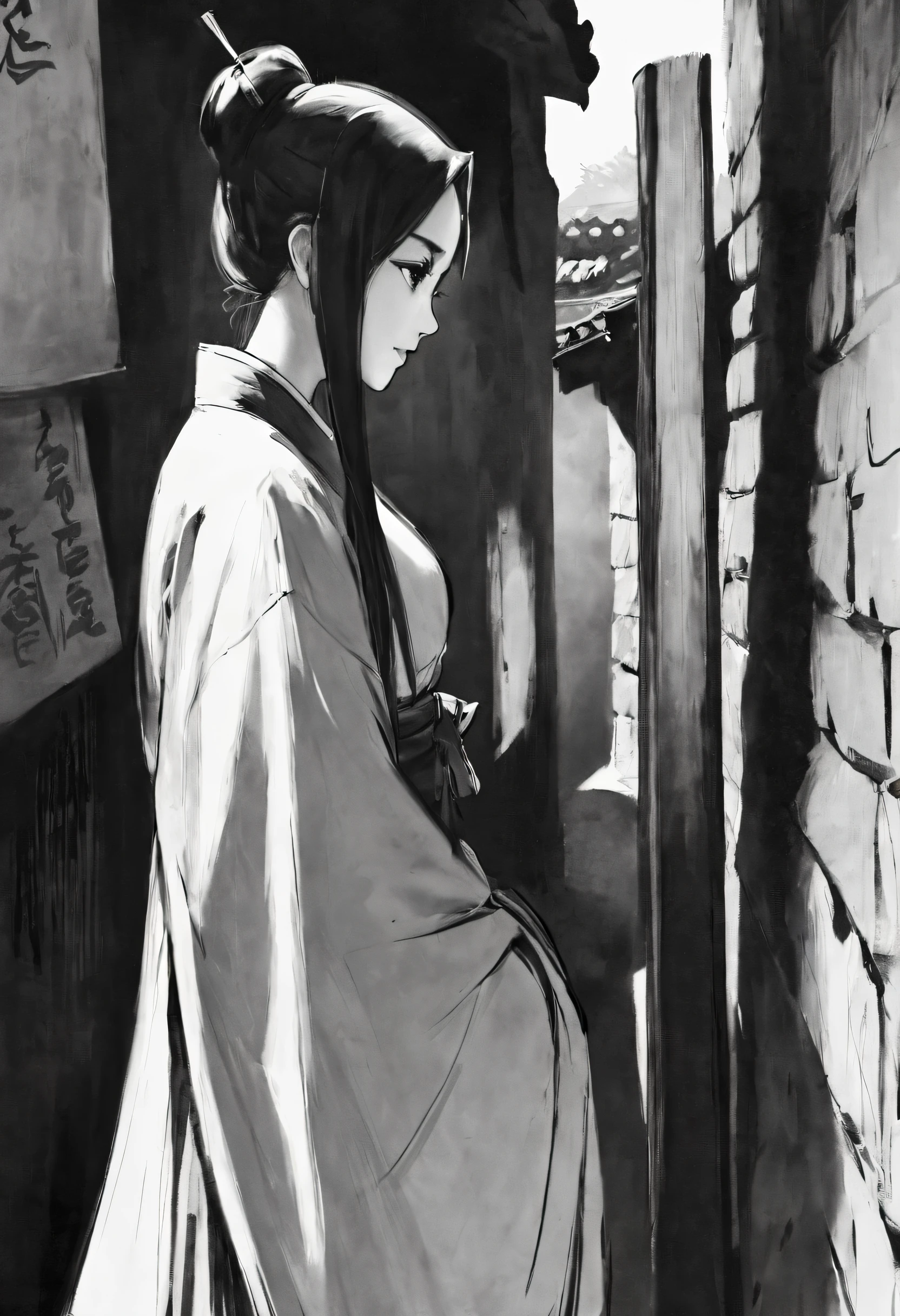 Best Masterpiece，1girll，独奏，unbelievable Ridiculous，Girl，swordsmen，Ancient wind，Hanfu，the street，exteriors，Sateen，neonlight，Light smile，hijabi sluty，hands in a pocket，Look elsewhere，From the side Side，Line drawings，Mono Color，，(character sketch:1.1)，(charcoal drawing:1.2)，Sketch，(pencil drawing:1.3)，Charcoal painting style，Black and white，